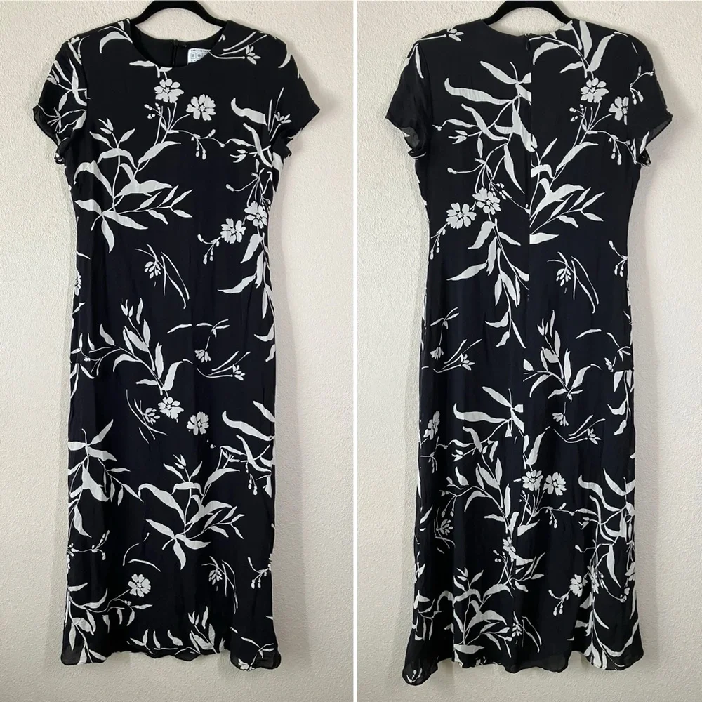 SAKS FIFTH AVE Vintage Silk Column Dress 8 Hawaiian Tropical 80s Black Luau Tiki - Picture 4 of 11